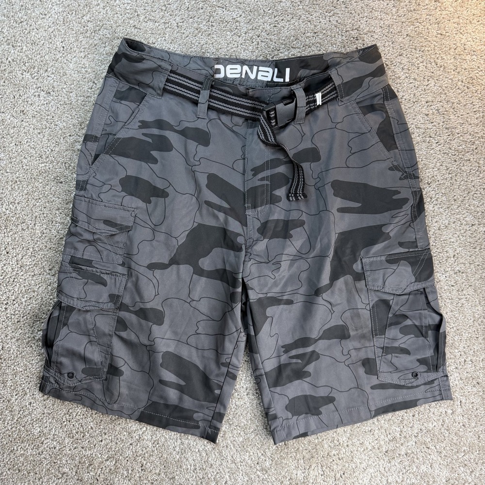 Denali Cargo Shorts Mens 34 Gray Camo Microfiber Stretch Belted Outdoor Summer